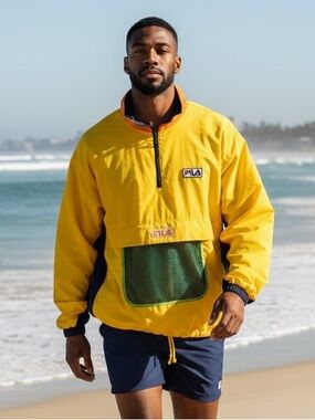 Fila Y2K Yellow Pullover Windbreaker with Navy & Orange Trim Size XL